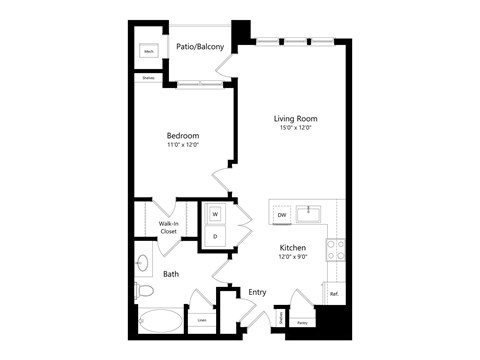 A floor plan of a small apartment with a bedroom, living room, kitchen, and bathroom.